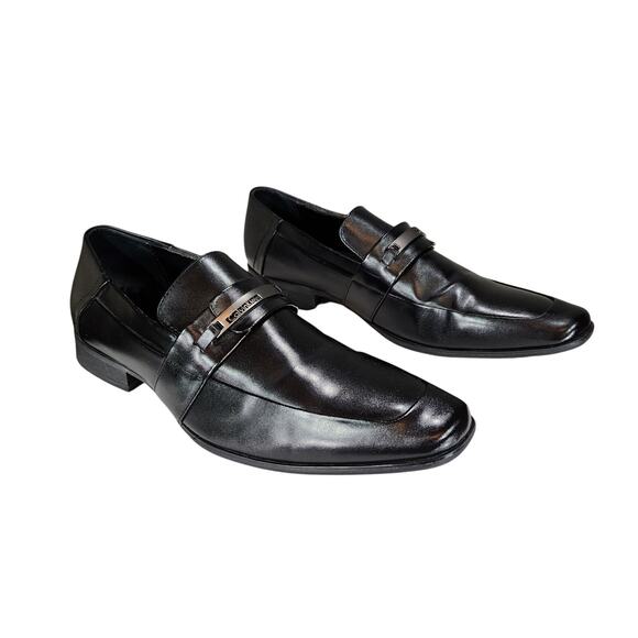 Calvin Klein Loafers sz 12 Men Brice Black Metal Hardware Logo Square Toe READ - Picture 1 of 12